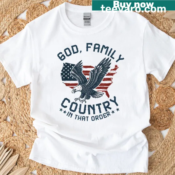 Patriotic t-shirt with 'God Family Country' slogan and American flag
