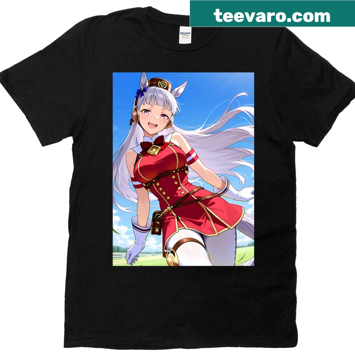 Illustration of a ship and an elegant racing dress character on T-shirt — on a men's t-shirt