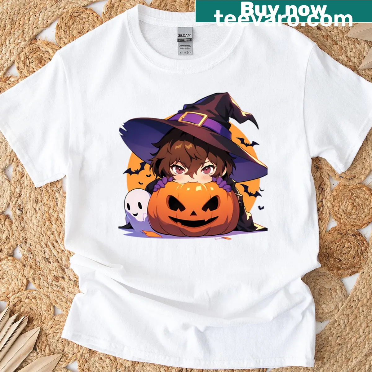 Cute Goro Akechi chibi pumpkin witch T-shirt from Persona 5 — on a men's t-shirt