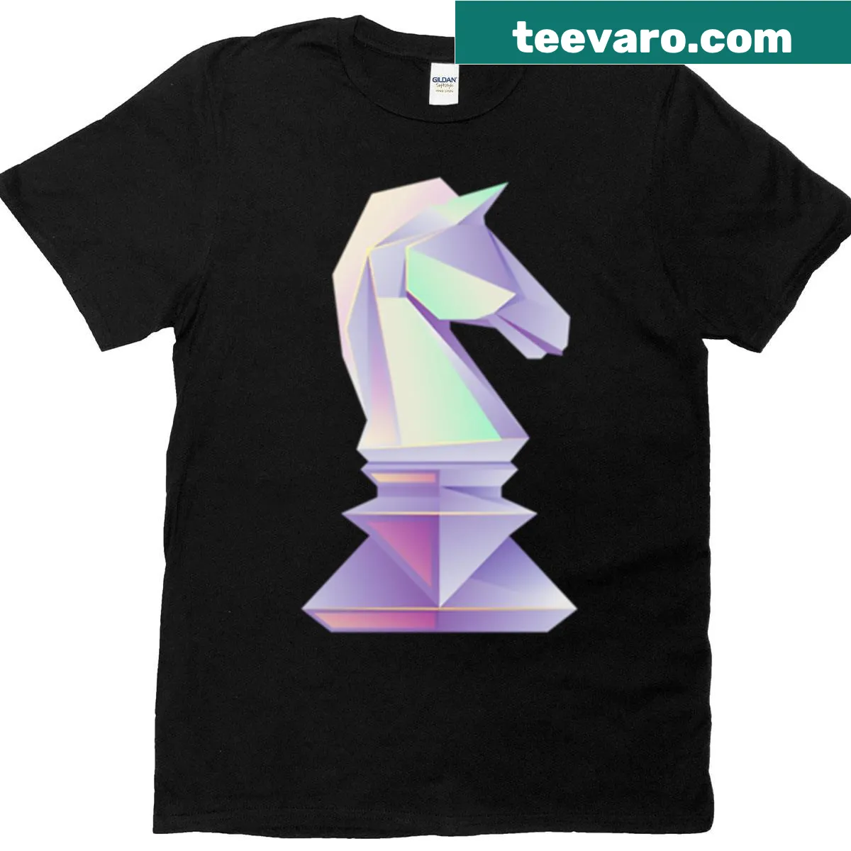 Low poly chess knight graphic t-shirt — on a men's t-shirt