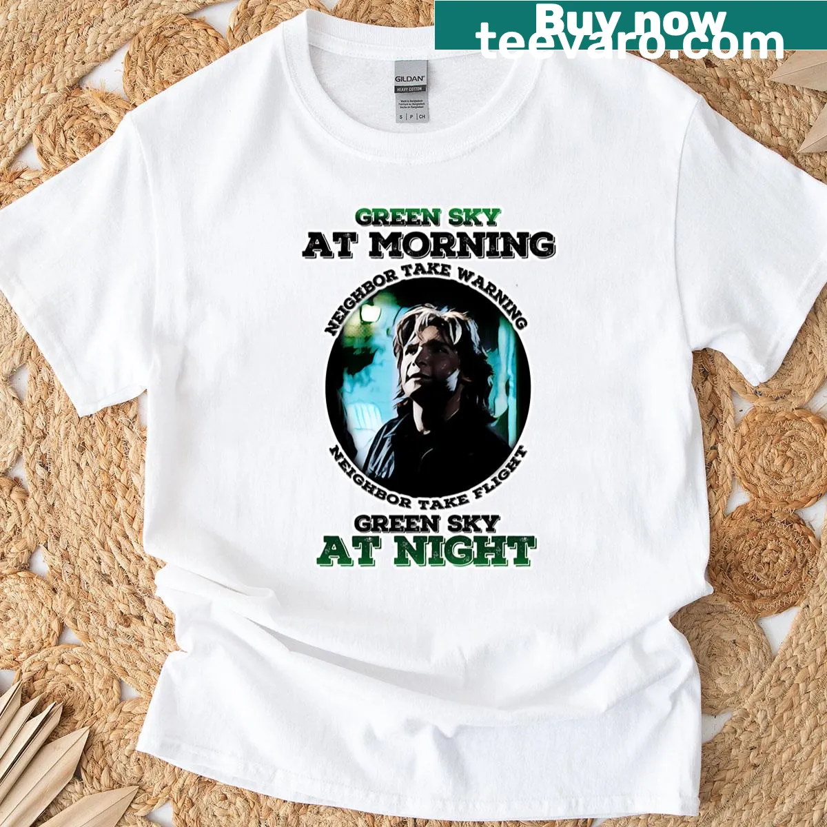 T-shirt featuring the saying 'Green Sky At Night Green Sky At Morning' in clean typography — on a men's t-shirt