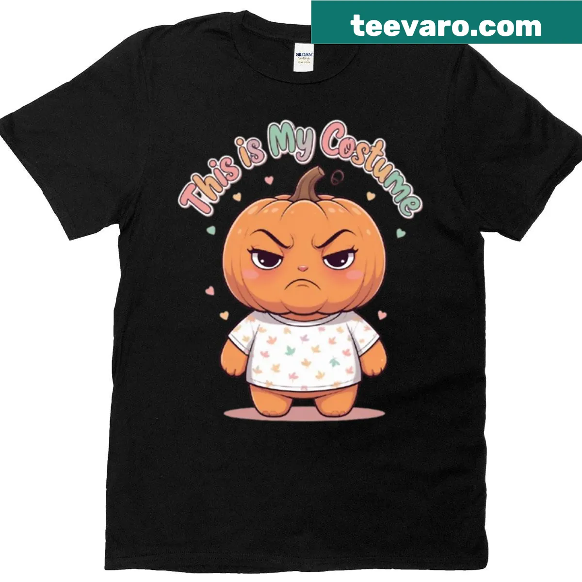 Cute chibi pumpkin graphic with a grumpy face in cartoon style — on a men's t-shirt