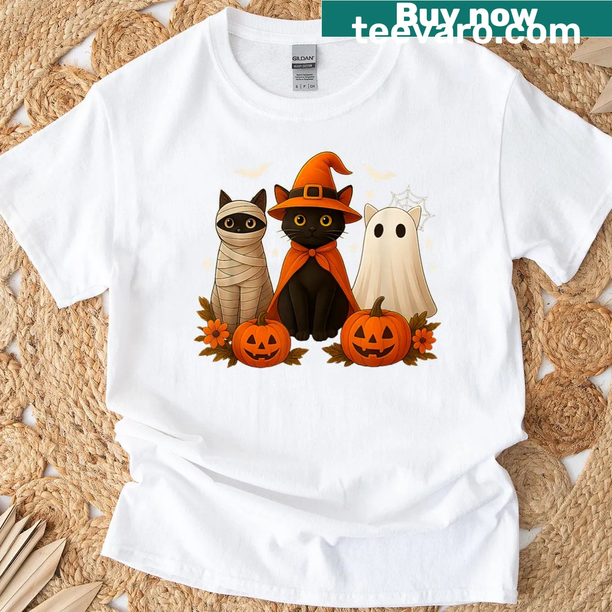 Whimsical Halloween design with a black cat, witch, and pumpkin t-shirt — on a men's t-shirt