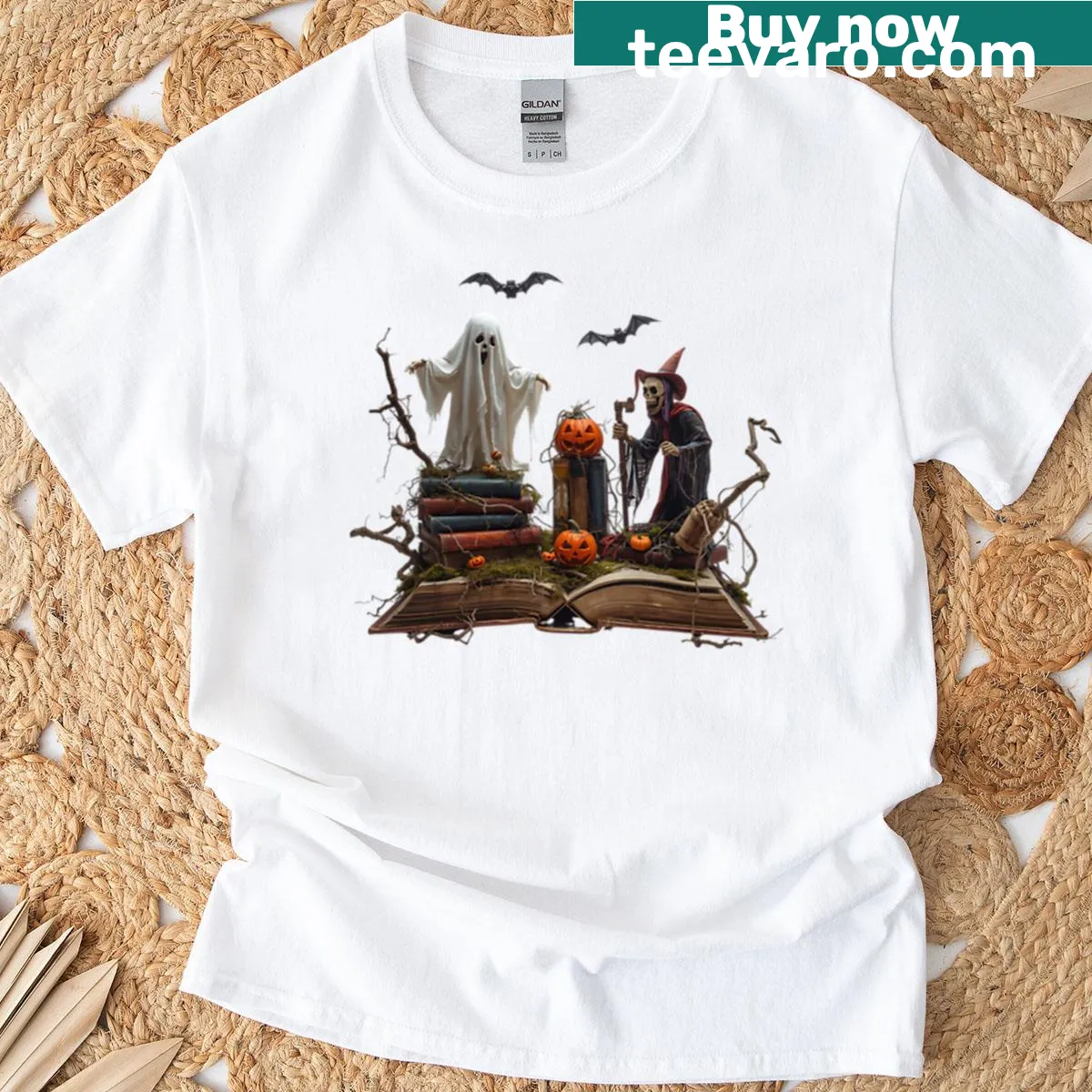 Halloween-themed T-shirt with book stack and pumpkins design — on a men's t-shirt