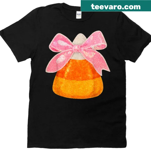 Cute candy corn-themed Halloween t-shirt with bow illustration
