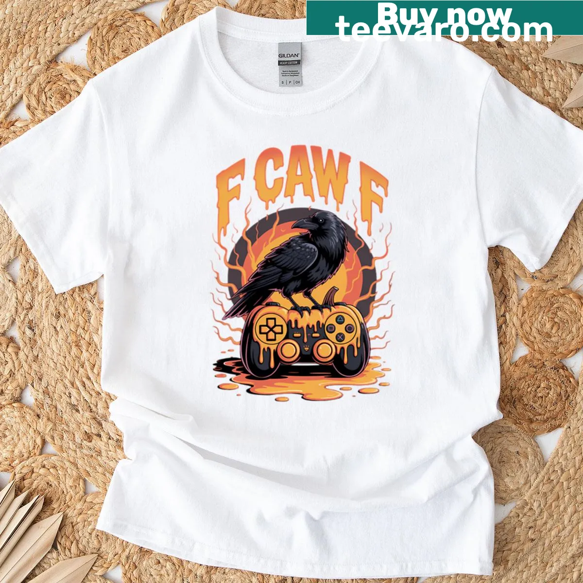 Halloween T-shirt with drippy pumpkin and gaming crow design — on a men's t-shirt
