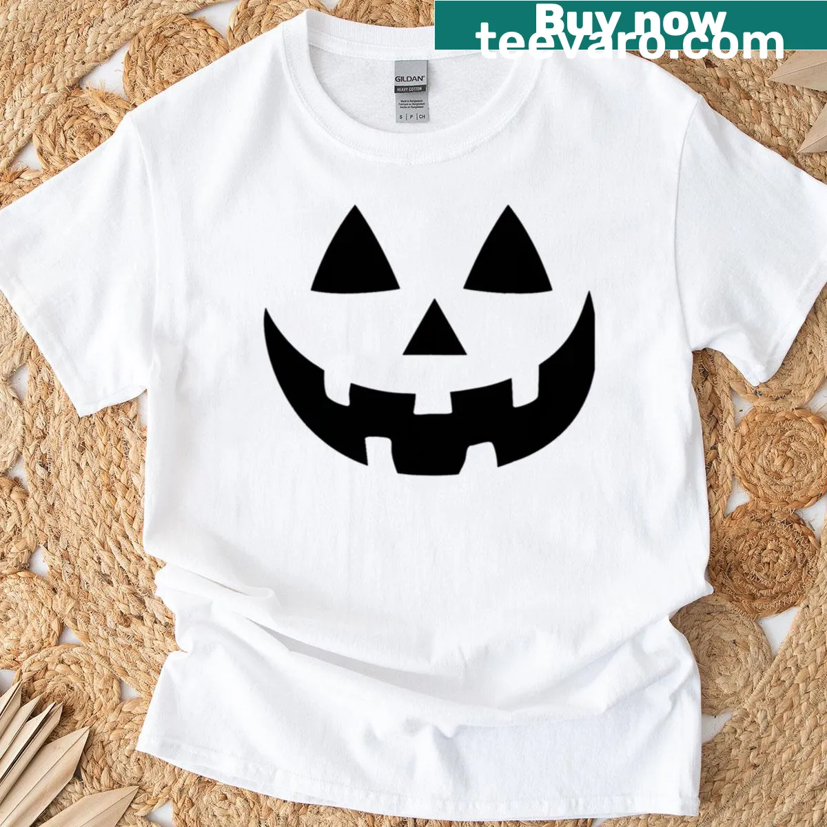 Cheerful jack-o-lantern face design on a Halloween T-shirt — on a men's t-shirt