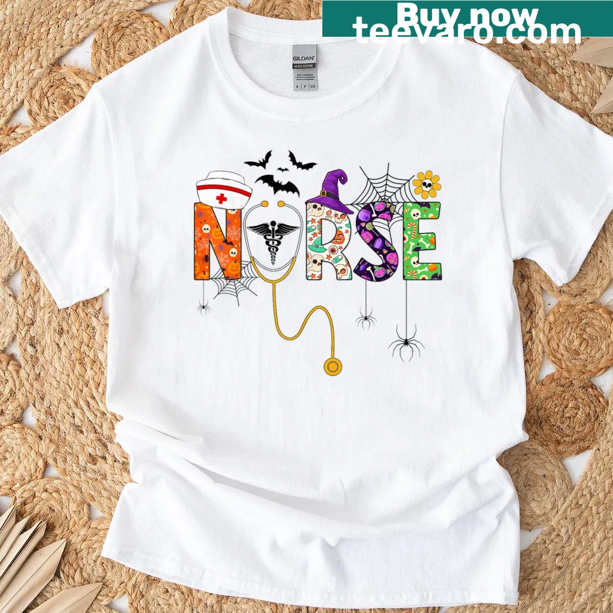 Funny Halloween nurse T-shirt with stethoscope design — on a men's t-shirt