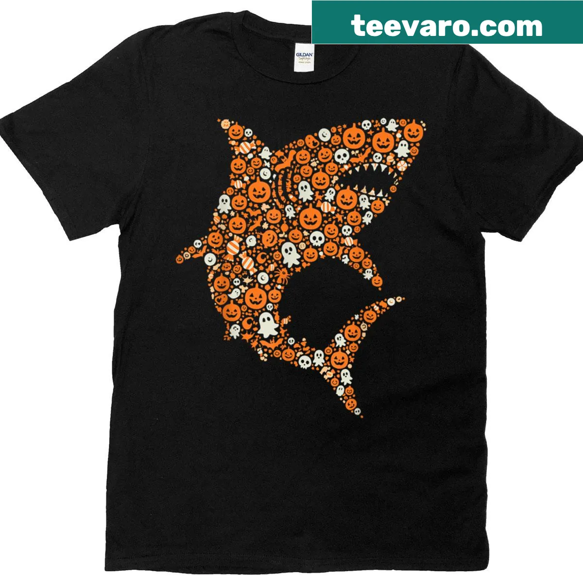 Graphic t-shirt with a ghost shark emerging from a pumpkin for Halloween. — on a men's t-shirt