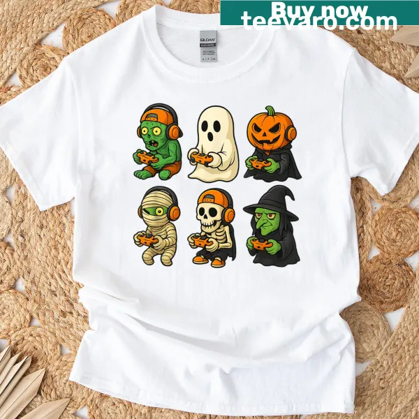 Halloween gamer t-shirt featuring a playful skeleton character