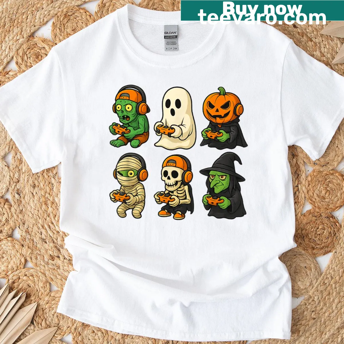 Halloween gamer t-shirt featuring a playful skeleton character — on a men's t-shirt