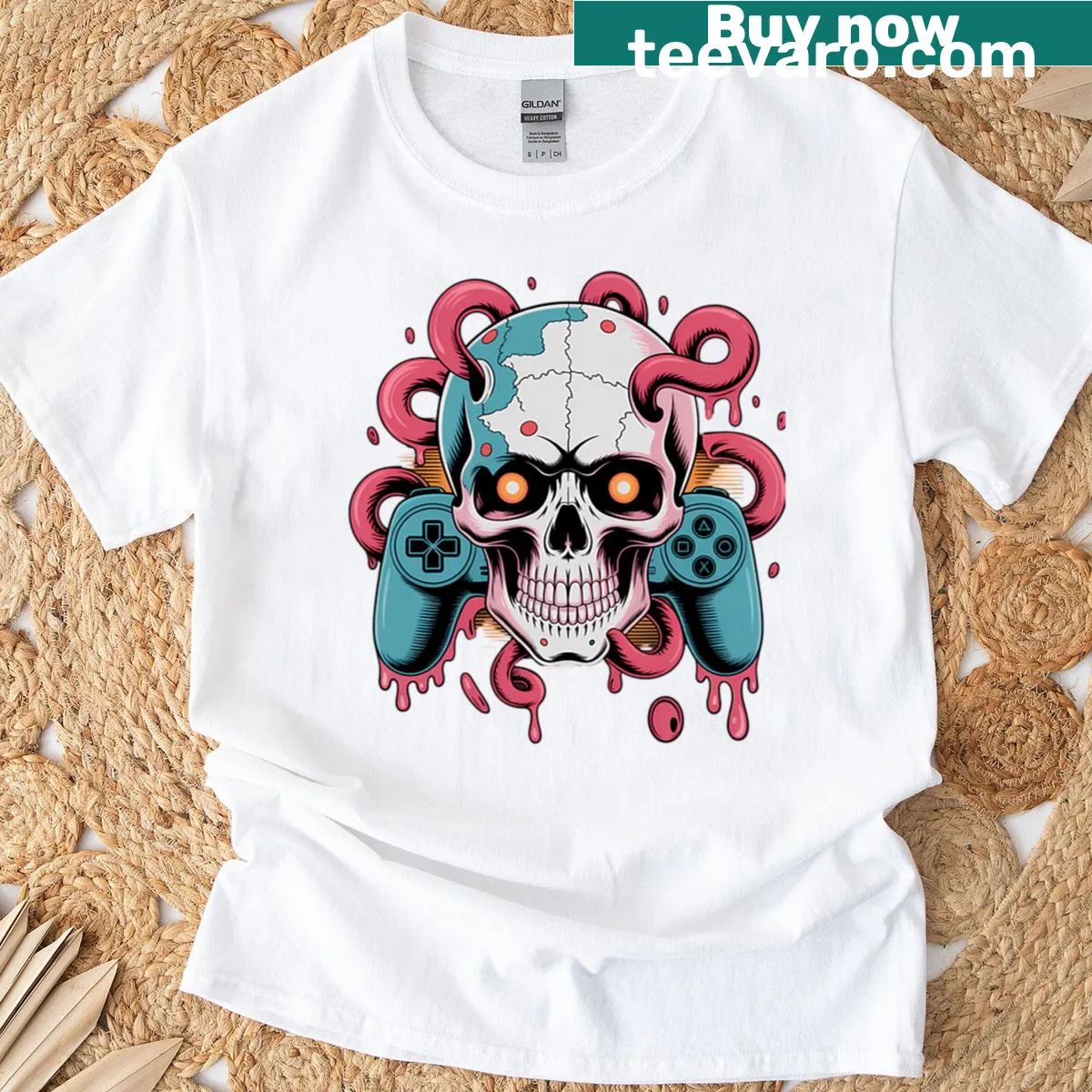 Halloween t-shirt with skeletons, zombies, and gaming controllers — on a men's t-shirt