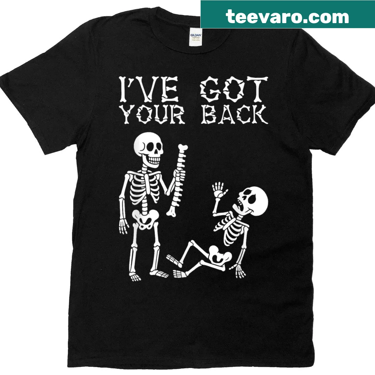 Whimsical skeletons on a Halloween T-shirt with the phrase 'I've Got Your Back.' — on a men's t-shirt