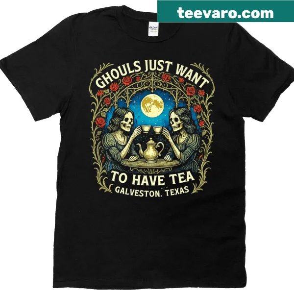 Victorian skeleton enjoying tea Halloween t-shirt