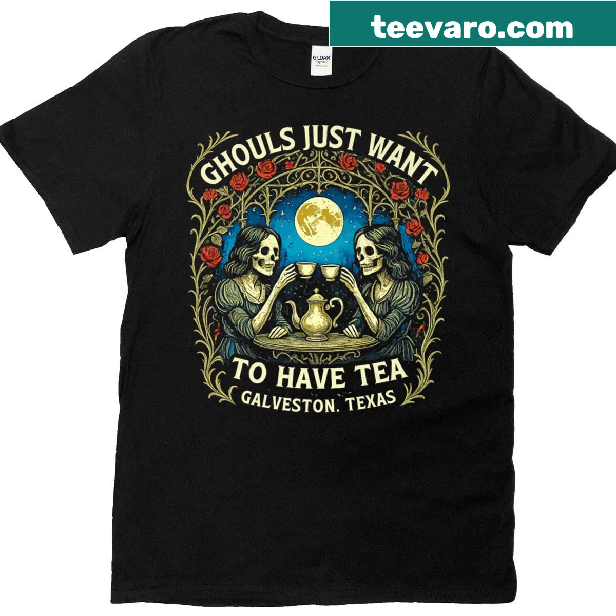 Victorian skeleton enjoying tea Halloween t-shirt — on a men's t-shirt
