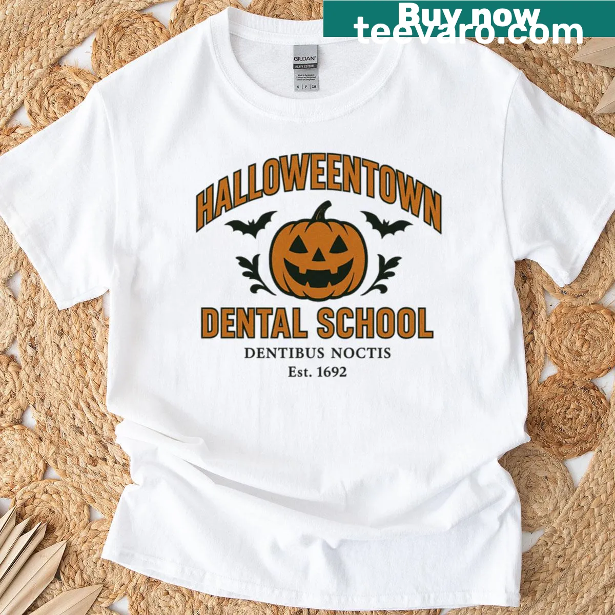 Vintage-style Halloweentown Dental School T-shirt with pumpkin and bats — on a men's t-shirt