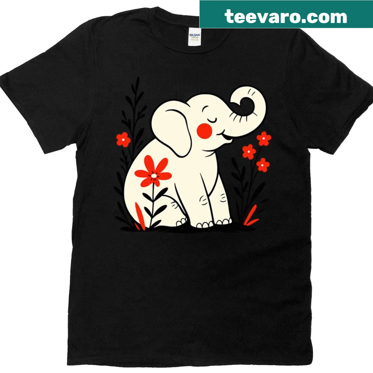Cartoon-style t-shirt featuring a happy elephant design — on a men's t-shirt