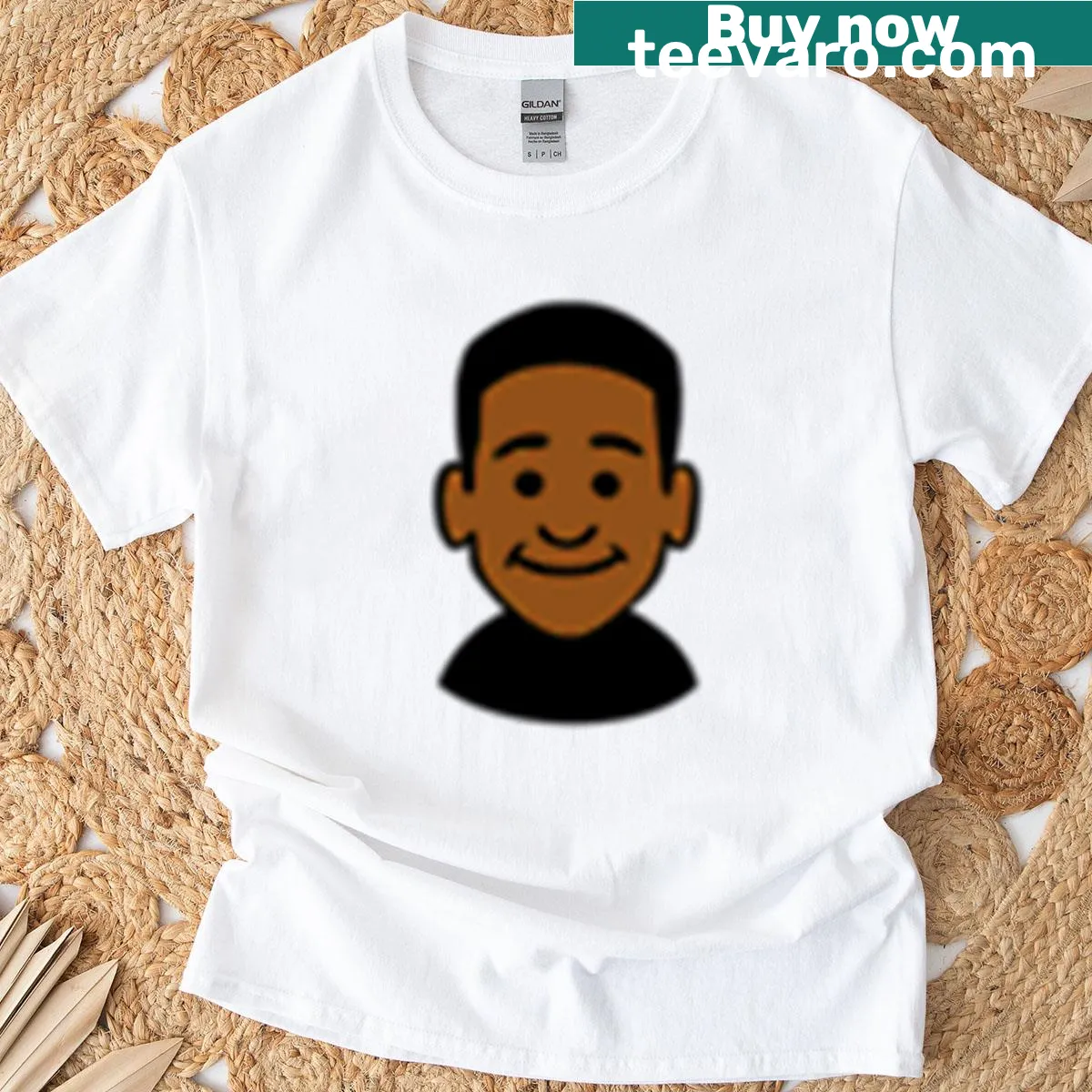 Cartoon t-shirt featuring a happy minimal man design — on a men's t-shirt