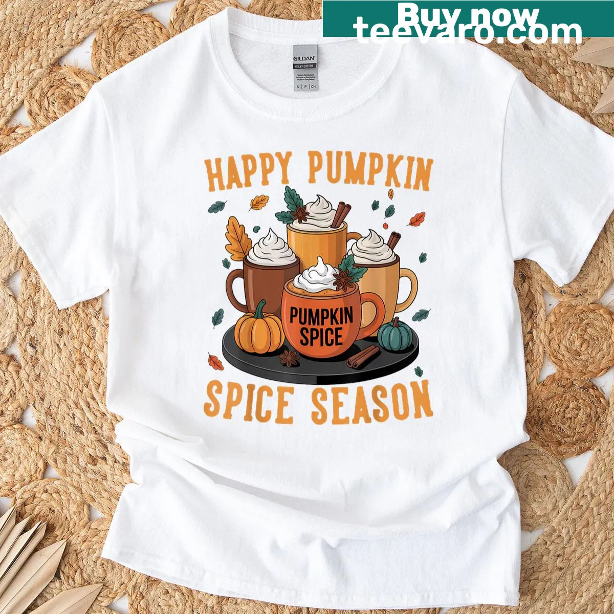 T-shirt celebrating pumpkin spice season for fall festivities — on a men's t-shirt