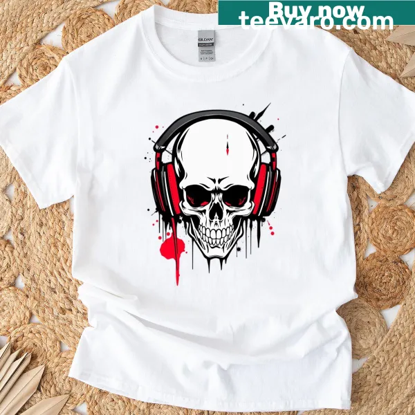 Dripping skull graphic with headphones on a black t-shirt