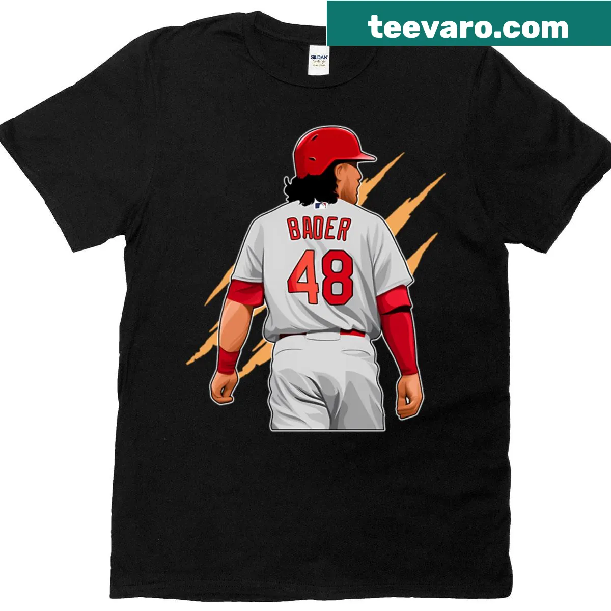Halloween-themed t-shirt featuring 'Harrison Bader In Games 48' and claw graphics. — on a men's t-shirt