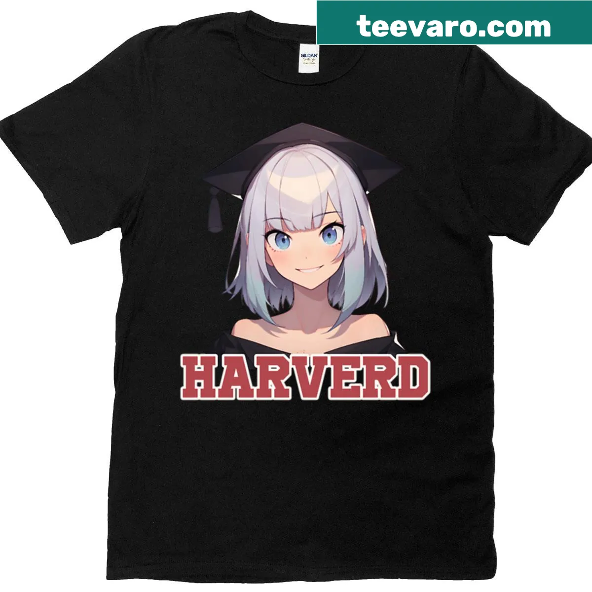 Anime schoolgirl waifu T-shirt with playful design. — on a men's t-shirt