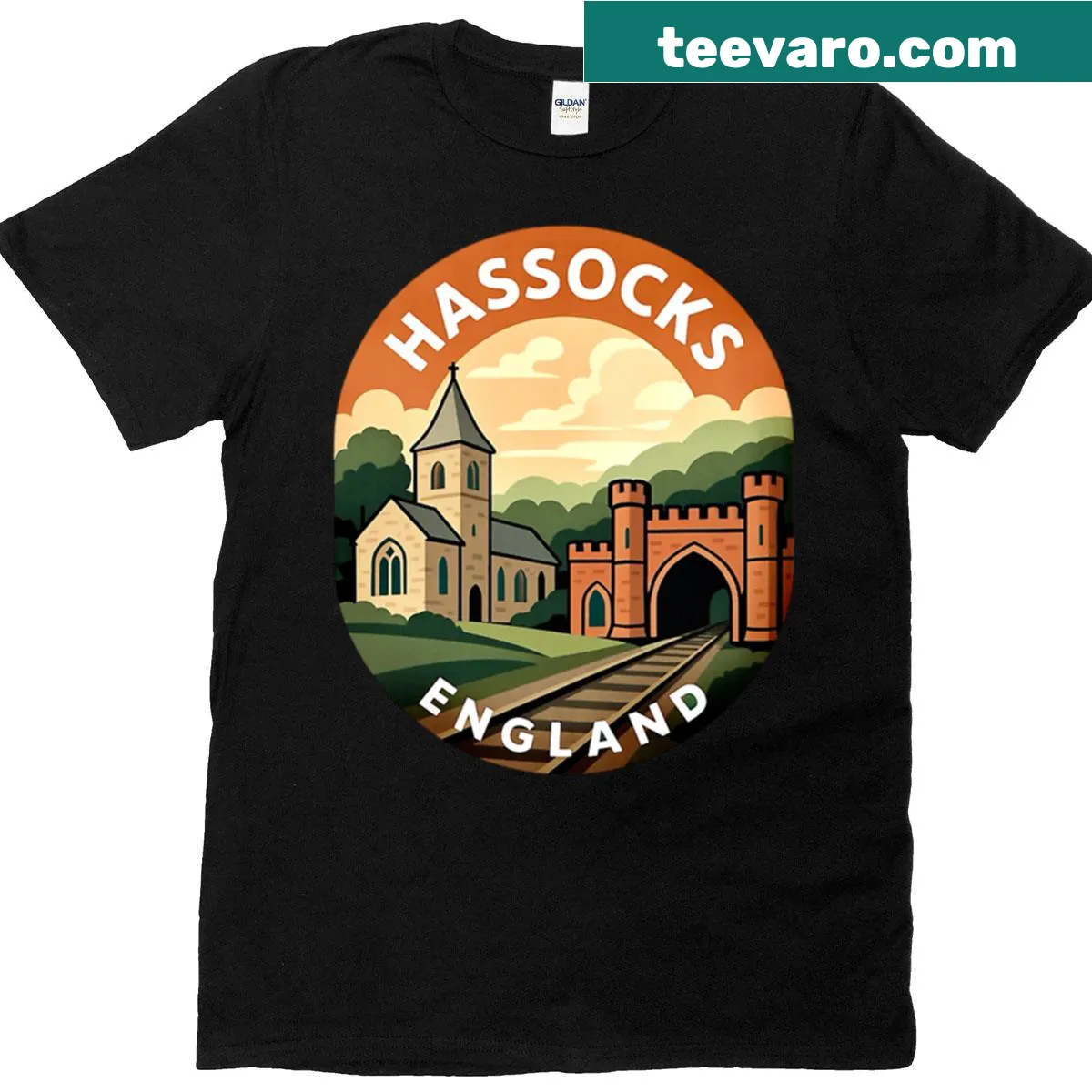 T-shirt featuring South Downs landscape illustration from Hassocks, England. — on a men's t-shirt