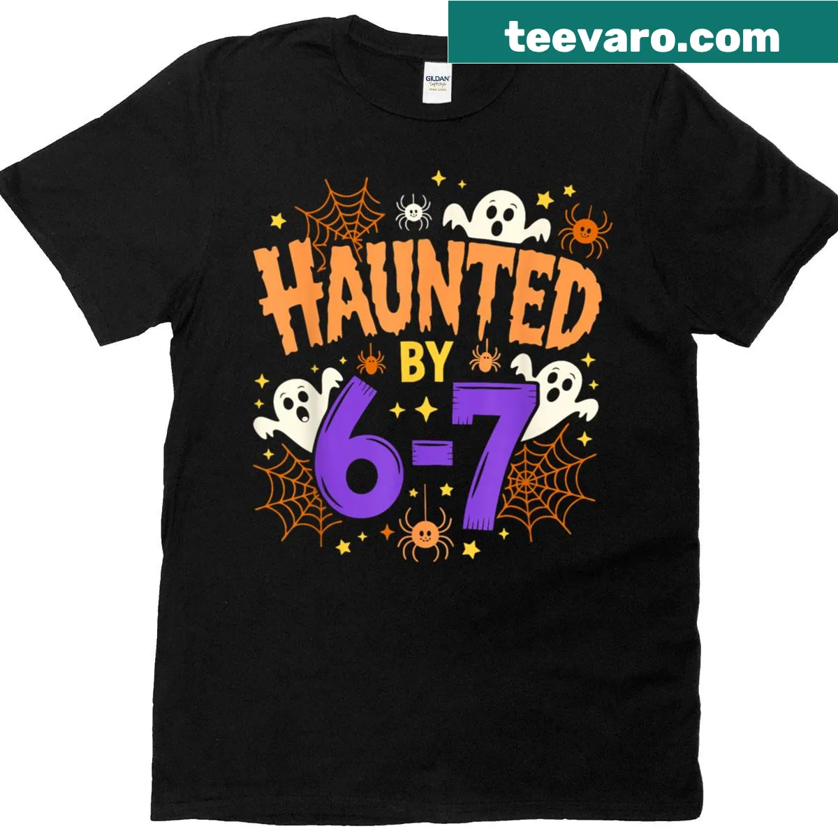 Ghostly math teacher Halloween t-shirt design with 'Haunted by 6-7.' — on a men's t-shirt
