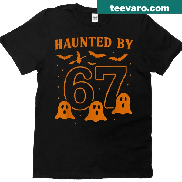Ghost graphic t-shirt featuring the phrase 'Haunted by 67' for Halloween.