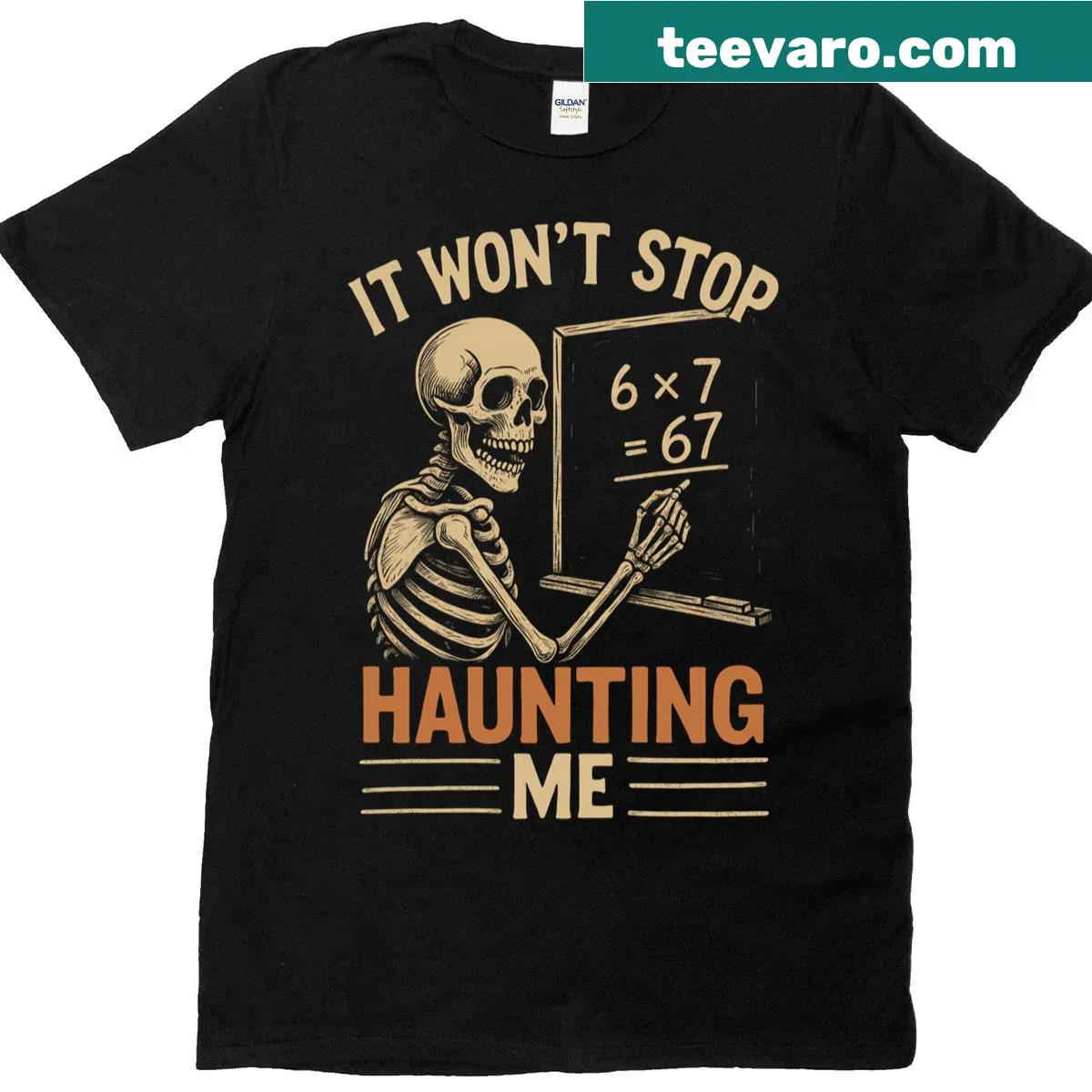Halloween graphic t-shirt with a skeleton math teacher design. — on a men's t-shirt