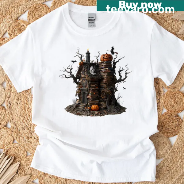 Halloween t-shirt with haunted house, pumpkins, and bats design