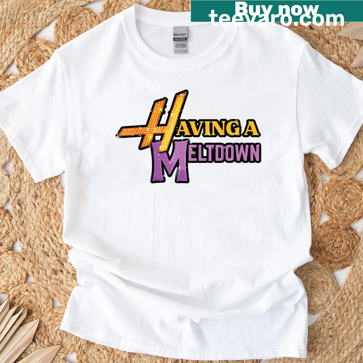 Humorous T-shirt with the quote 'Having A Meltdown' in fun typography — on a men's t-shirt