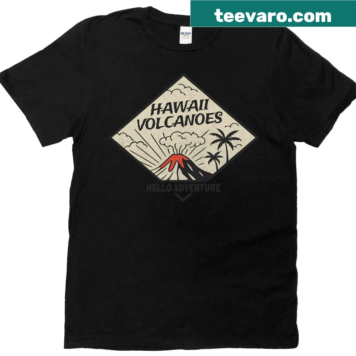 Hawaii adventure T-shirt featuring cartoon volcanoes and a playful design. — on a men's t-shirt