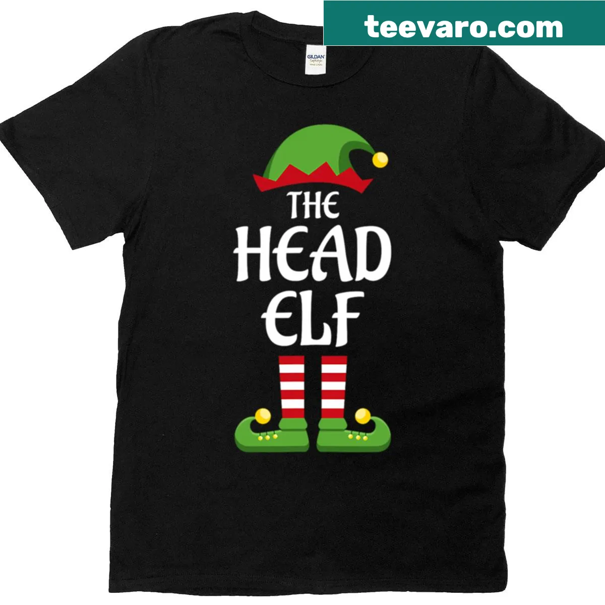 Matching Christmas T-shirt with 'Head Elf' text design — on a men's t-shirt