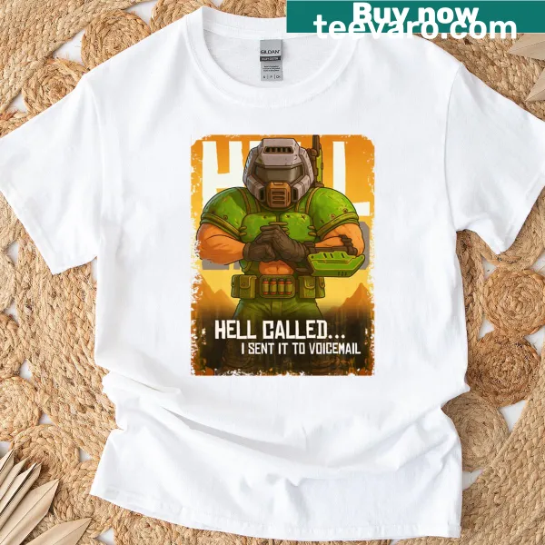 Funny retro gaming T-shirt with 'Hell Calledisend It To Voice Mail' text
