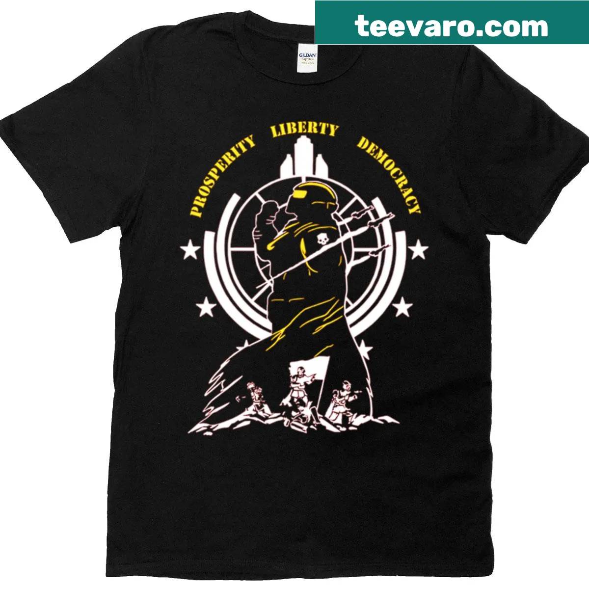 Helldivers themed illustration with elements of democracy and liberty — on a men's t-shirt