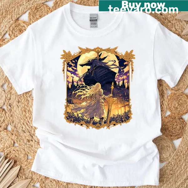 Hero facing shadow beast in an epic fantasy t-shirt design