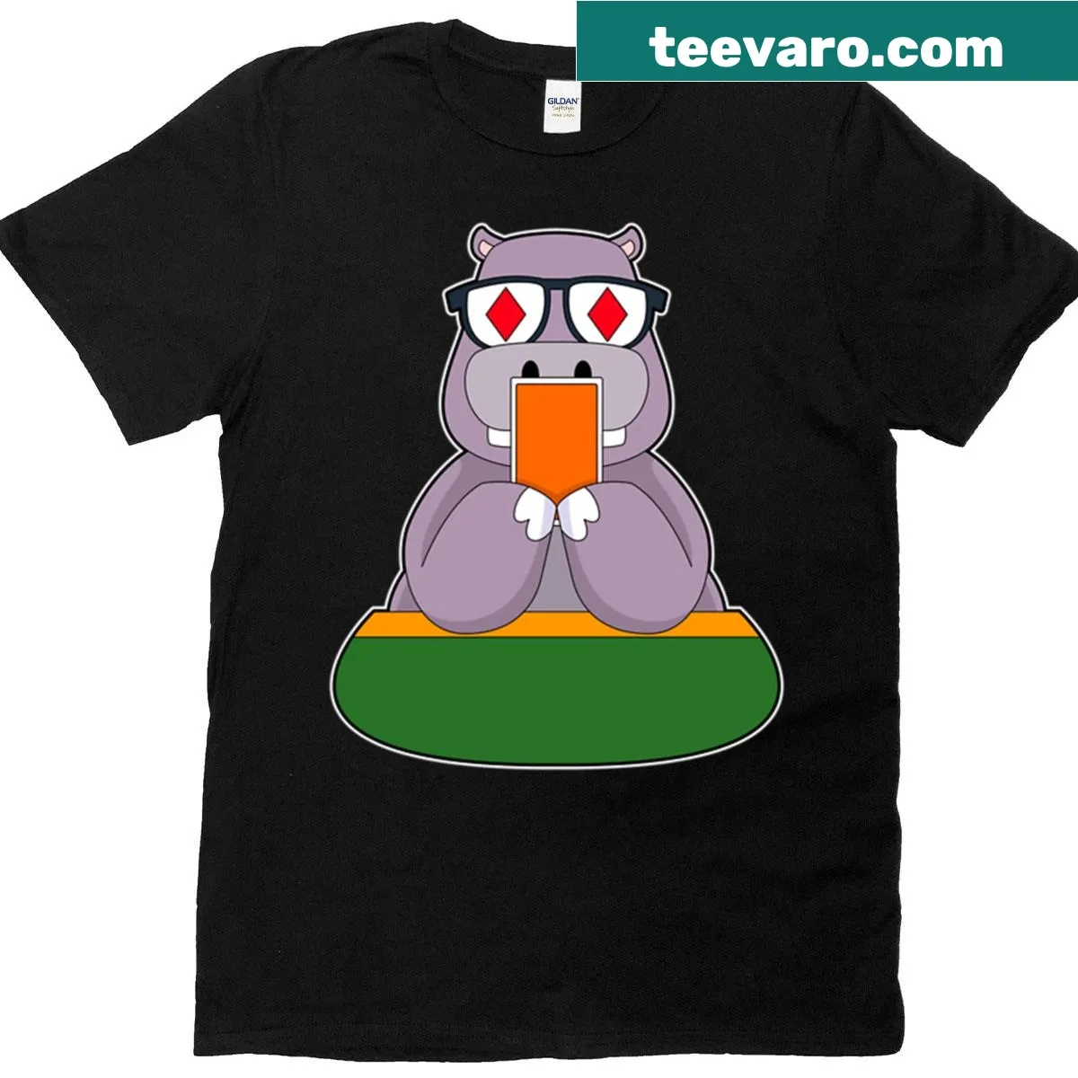 Hippo playing poker t-shirt with cards — on a men's t-shirt