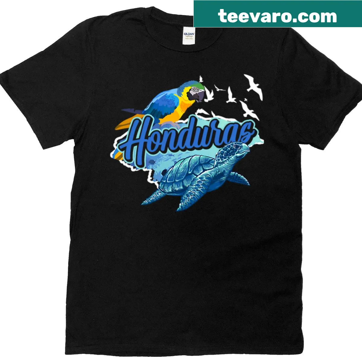 Honduras map T-shirt with sea turtle and parrot illustration. — on a men's t-shirt