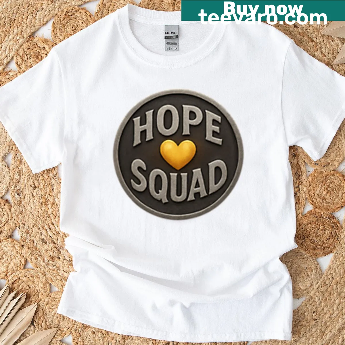 Badge emblem design symbolizing hope and community — on a men's t-shirt