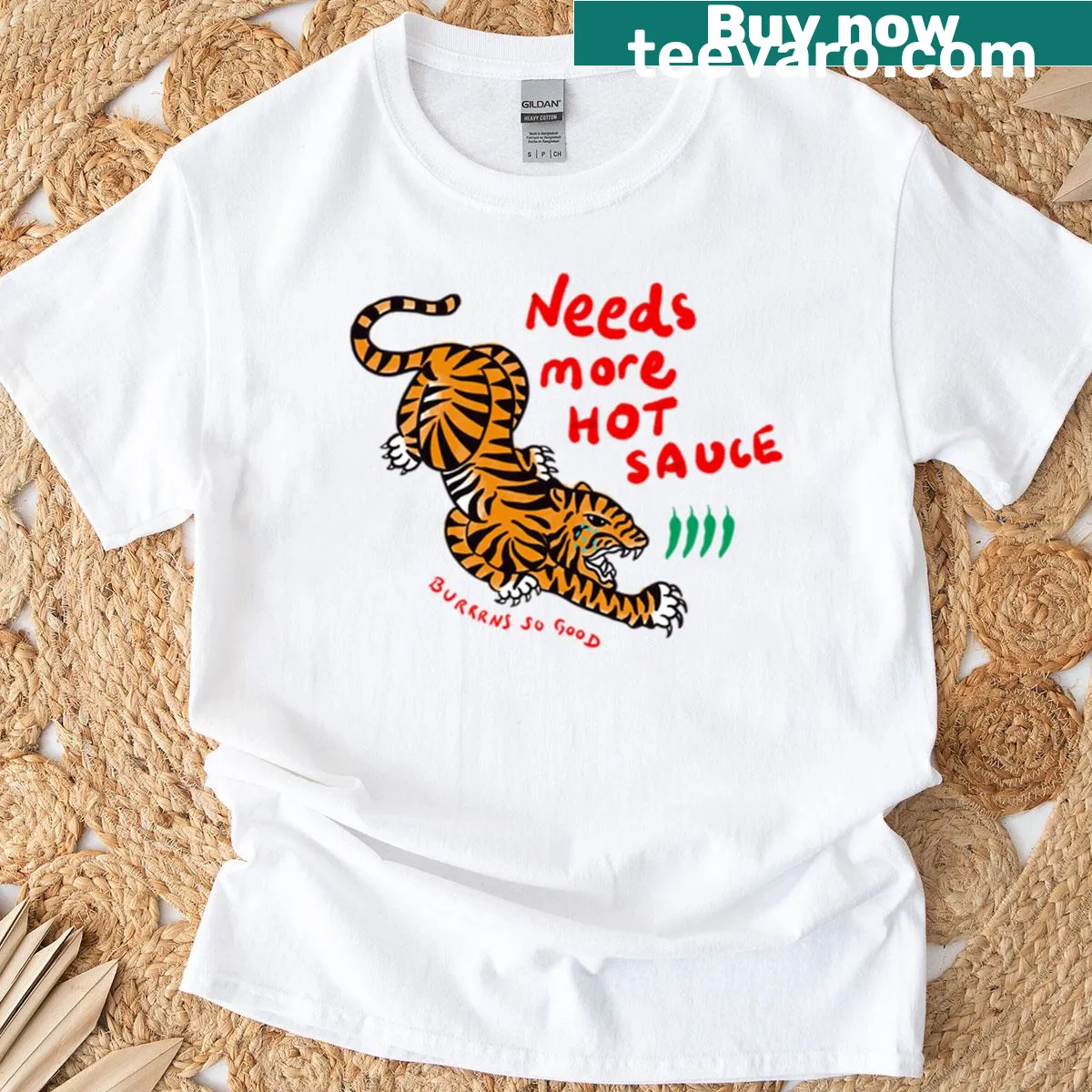 Cartoon tiger with hot sauce on a T-shirt — on a men's t-shirt