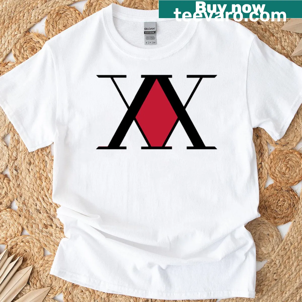 T-shirt featuring the logo of Hunter X Hunter anime — on a men's t-shirt