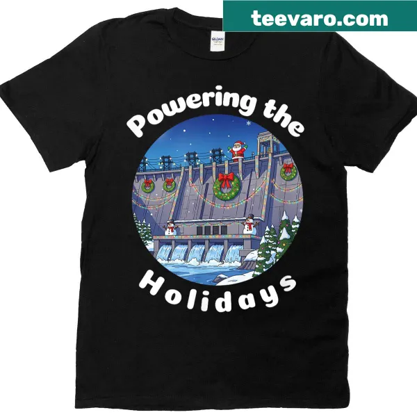 Illustration T-shirt showing a hydroelectric dam with holiday symbols