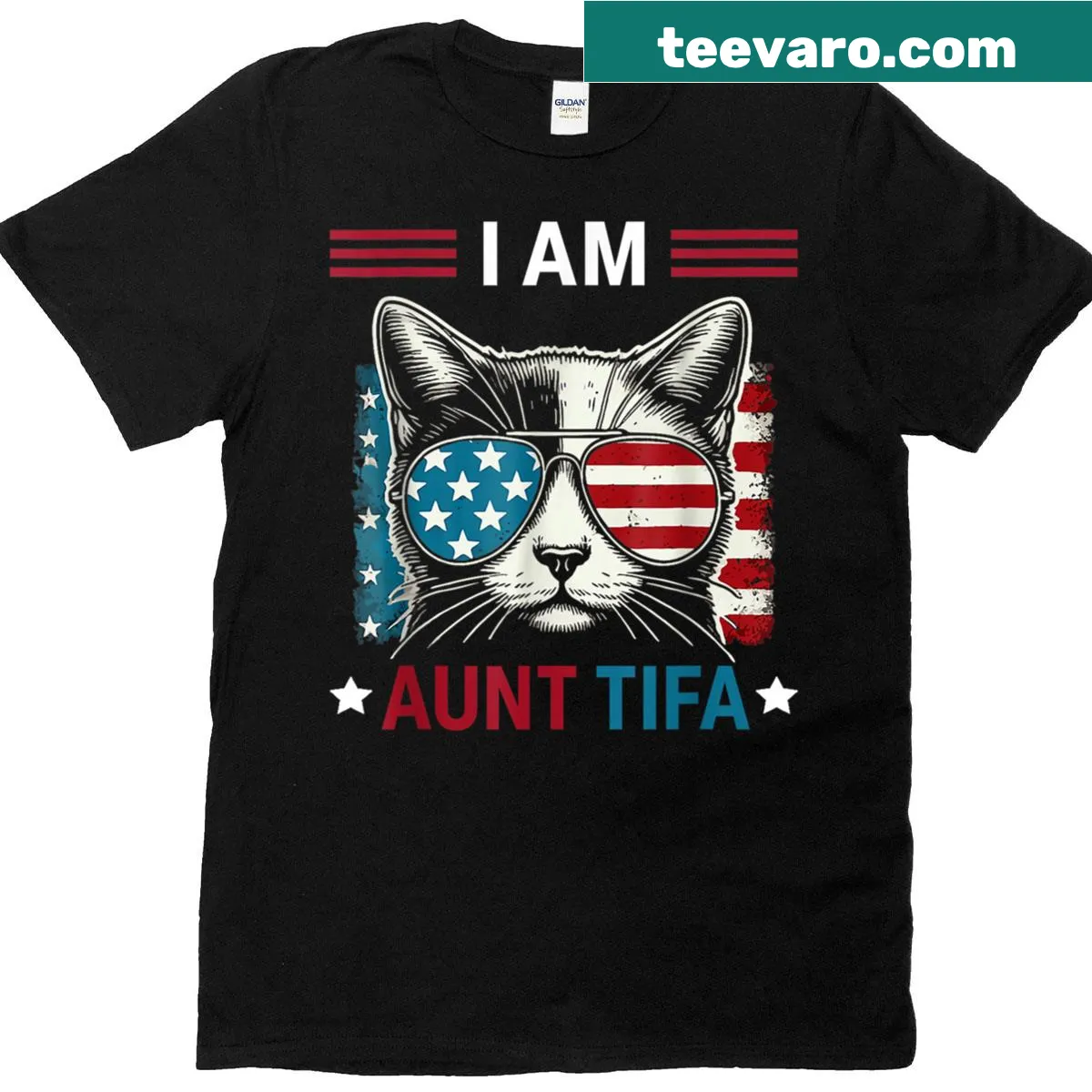 Patriotic T-shirt featuring a cat and American flag for proud aunts — on a men's t-shirt