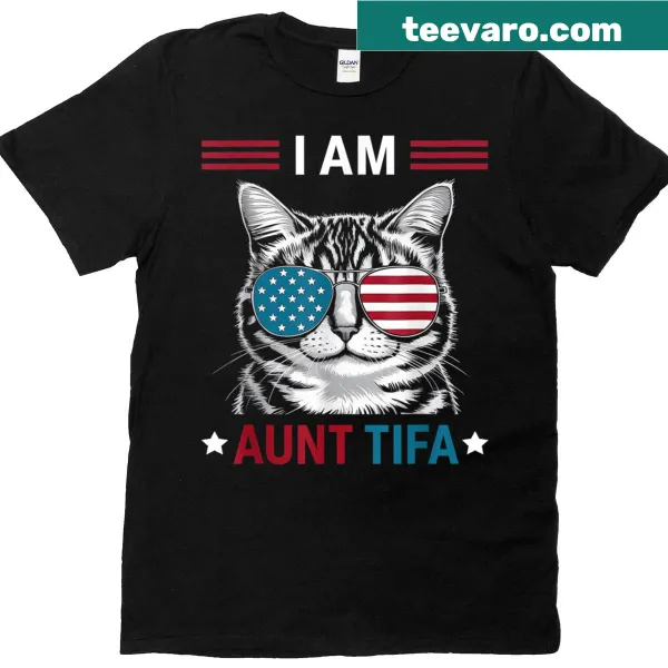 Patriotic Aunt Tifa T-shirt with a cat design and playful text