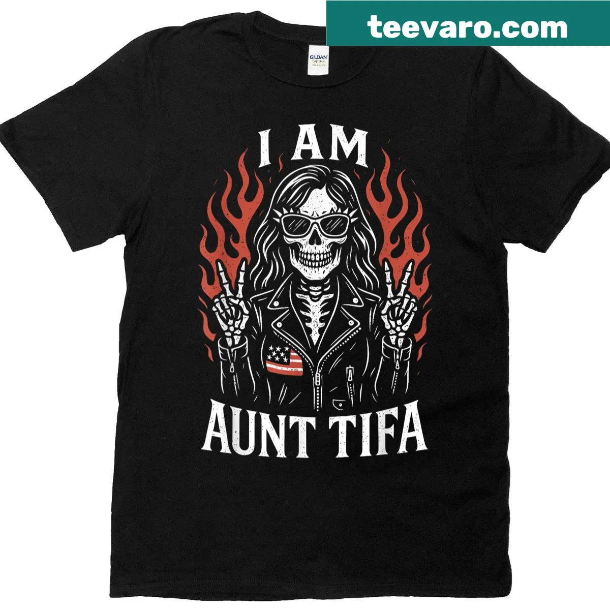 Funny T-shirt for aunts featuring a cartoon skeleton biker design. — on a men's t-shirt