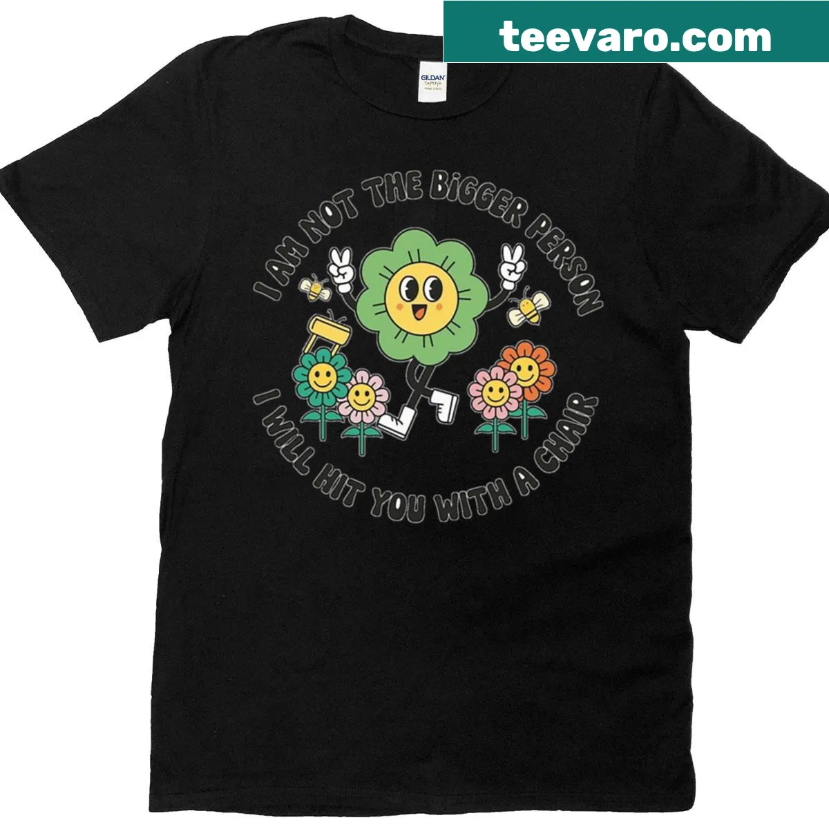Whimsical t-shirt with a flower and humorous text about hitting with a chair — on a men's t-shirt