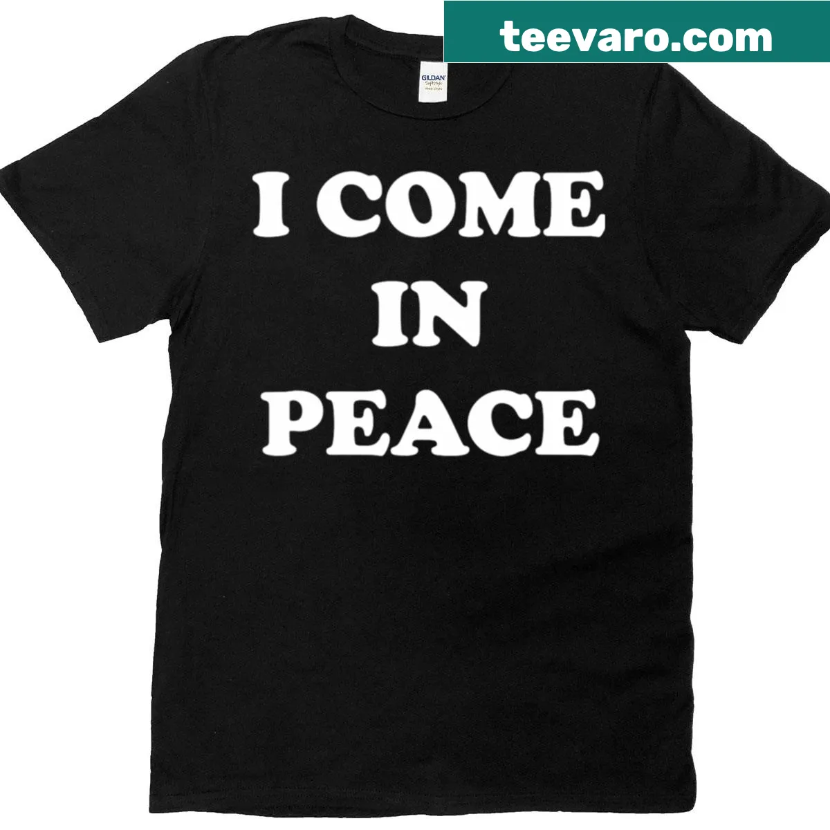 Matching couple's shirt with 'I Come In Peace' text — on a men's t-shirt
