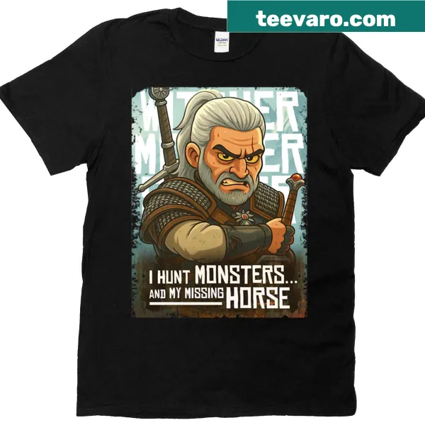 Retro gaming art T-shirt featuring a monster hunter and a missing horse.