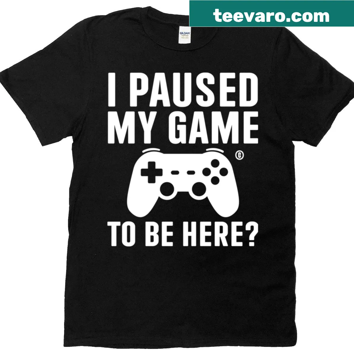Humorous gaming T-shirt with 'I Paused My Game To Be Here' text — on a men's t-shirt